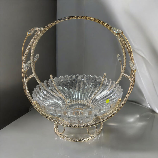 Fruteira em vidro com pega dourada e detalhes decorativos – 28 cm