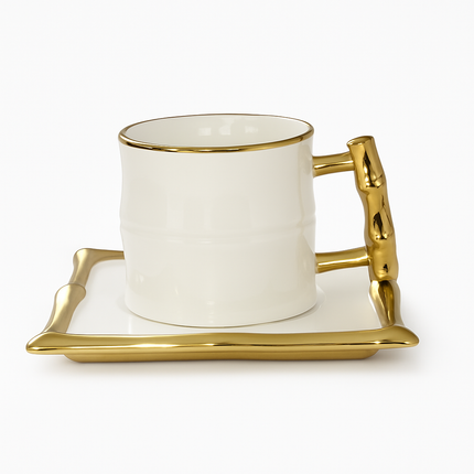 🎋Conjunto de 6 chávenas e pires Bamboo Elegance – Porcelana branca e dourada