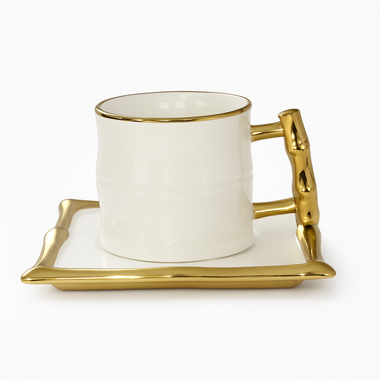 🎋Set de 6 Tazas con Plato Elegancia Bamboo – Porcelana Blanca y Oro