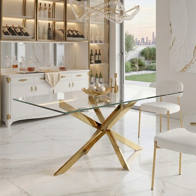 Mesa de Comedor de Diseño Contemporáneo - Cristal y Dorado 160x90x75 Alta calidad