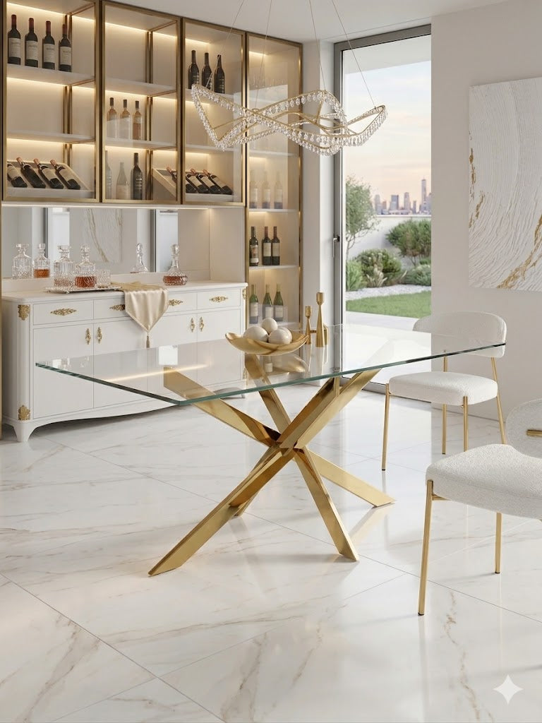 Mesa de Comedor de Diseño Contemporáneo - Cristal y Dorado 160x90x75 Alta calidad