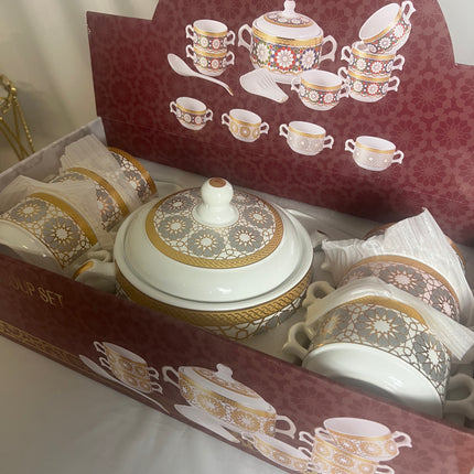 Juego de Sopa Oriental  – 2,7L-Tazón Grande con 6 Bowls, Platos y Cucharas (Diseño Tradicional Asiático)