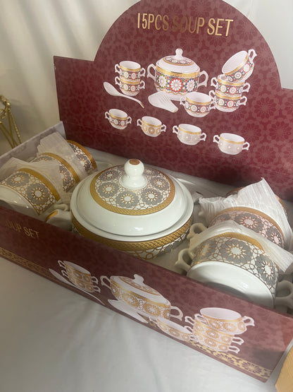 Juego de Sopa Oriental  – Tazón Grande con 6 Bowls, Platos y Cucharas (Diseño Tradicional Asiático)