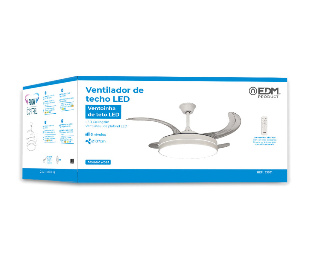 VENTILADOR DE TECHO LED, MODELO ROSS, ASPAS RETRÁCTILES, BLANCO MATE, Ø107 cm