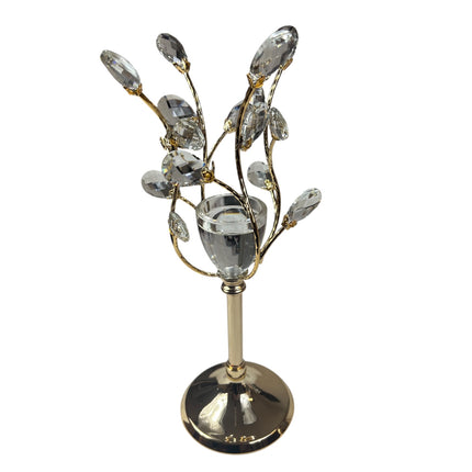 Elegante castiçal em cristal e metal dourado com design floral – 28 cm