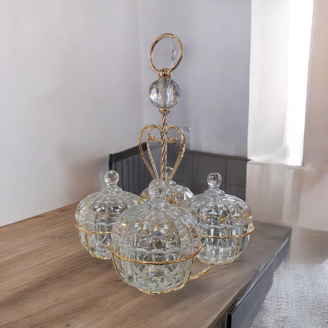 Conjunto de 3 bombonieres em cristal com suporte dourado — Elegância e estilo para a sua casa