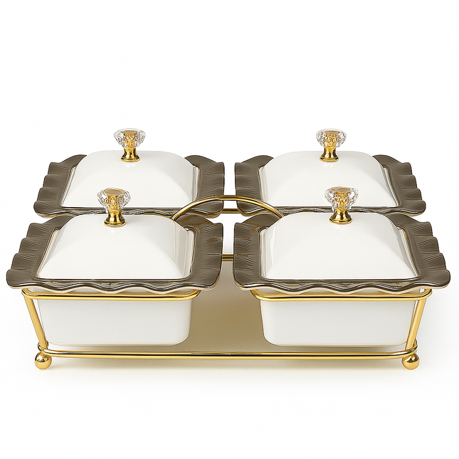 Set of 4 Containers with Lids and Gold Tray – Wavy Design with Crystal Knob