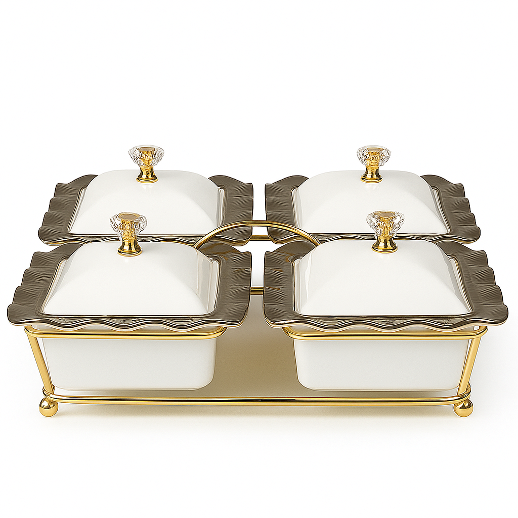 Conjunto de 4 Recipientes com Tampa e Bandeja Dourada – Design Onda com Puxador de Cristal