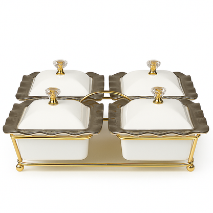 Conjunto de 4 Recipientes com Tampa e Bandeja Dourada – Design Onda com Puxador de Cristal