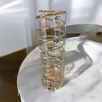 Portavelas Alto de Cristal y Metal Dorado con Diseño Espiral Moderno  62cm