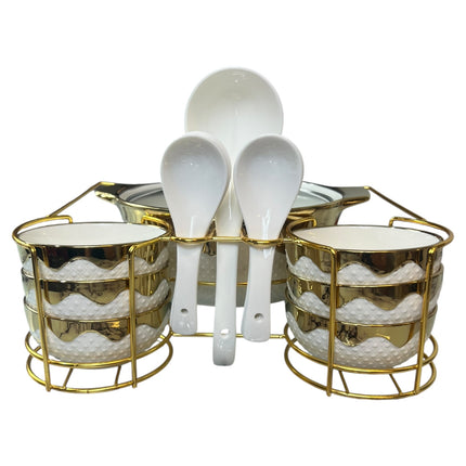 16-Piece Cookware Set with Metal Stand – Casseroles + Bowls + Spoons – Elegant Gold Style