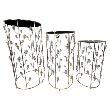 ✨ Set de 3 Mesas Decorativas de Lujo – Dorado con Cristales y Superficie de Espejo 🪞