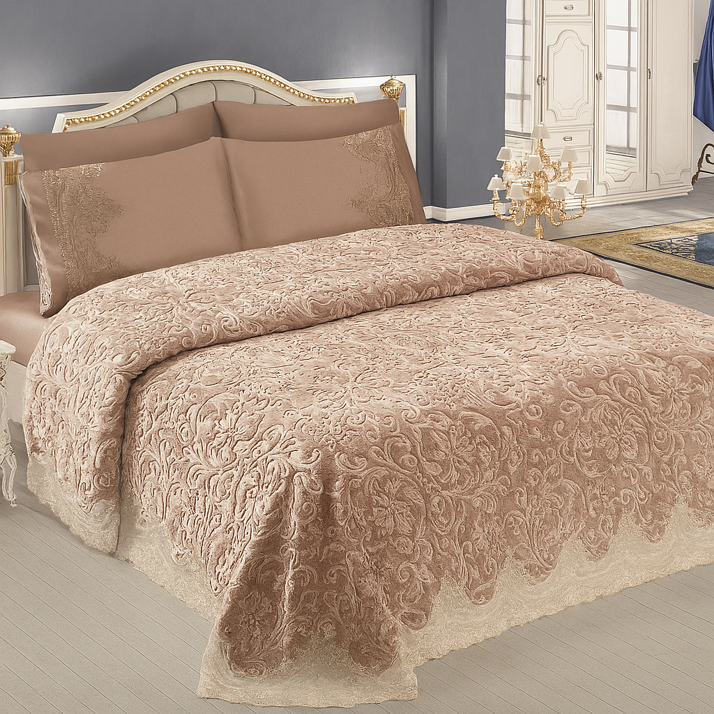 Pink Turkish Lace Throw Set - 6 Pieces | Elegance and Comfort