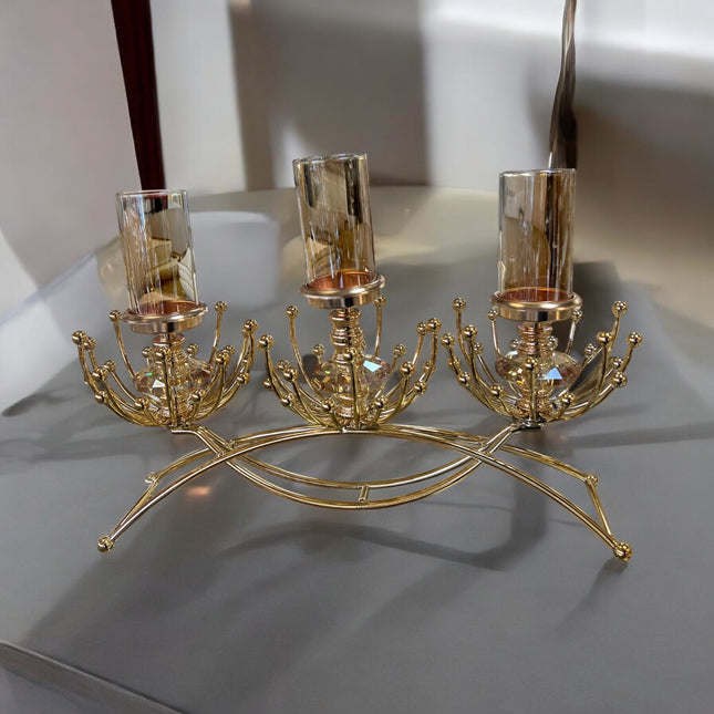 Castiçal em cristal dourado para 3 velas – Elegante centro de mesa