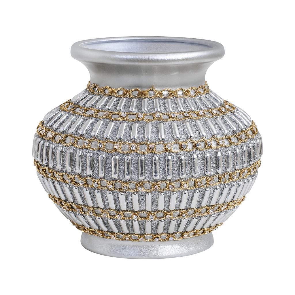 🏺 Jarrón Decorativo Plateado con Detalles Dorados – 28 cm