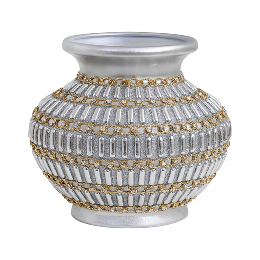 🏺 Jarrón Decorativo Plateado con Detalles Dorados – 28 cm