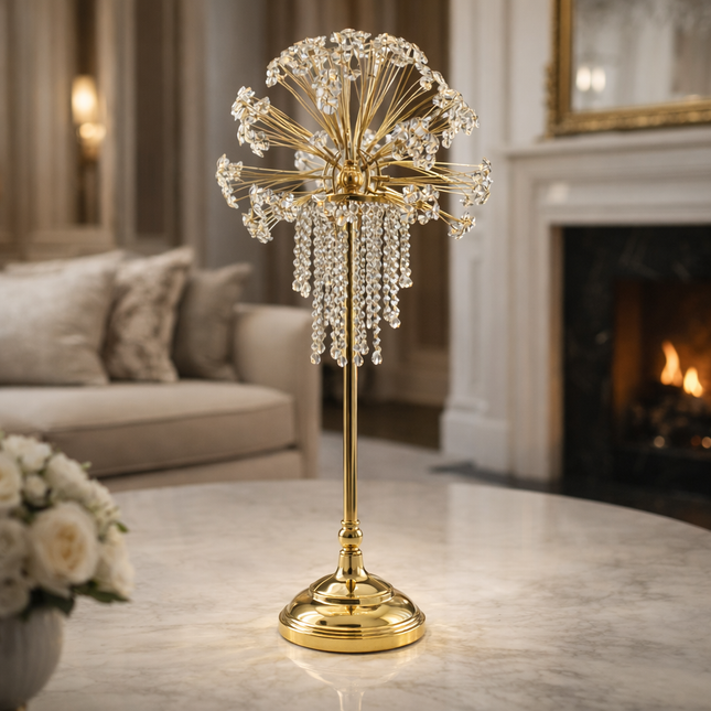 💎 Figura decorativa de mesa com cristais pendentes — Elegância dourada e brilho sofisticado ✨