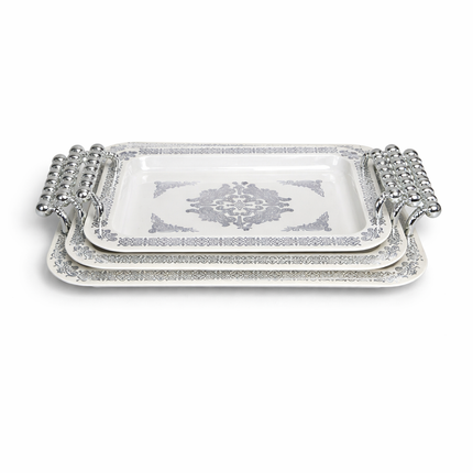 Set x3 Bandejas de Plástico con Asas Plateadas – Presentación Elegante