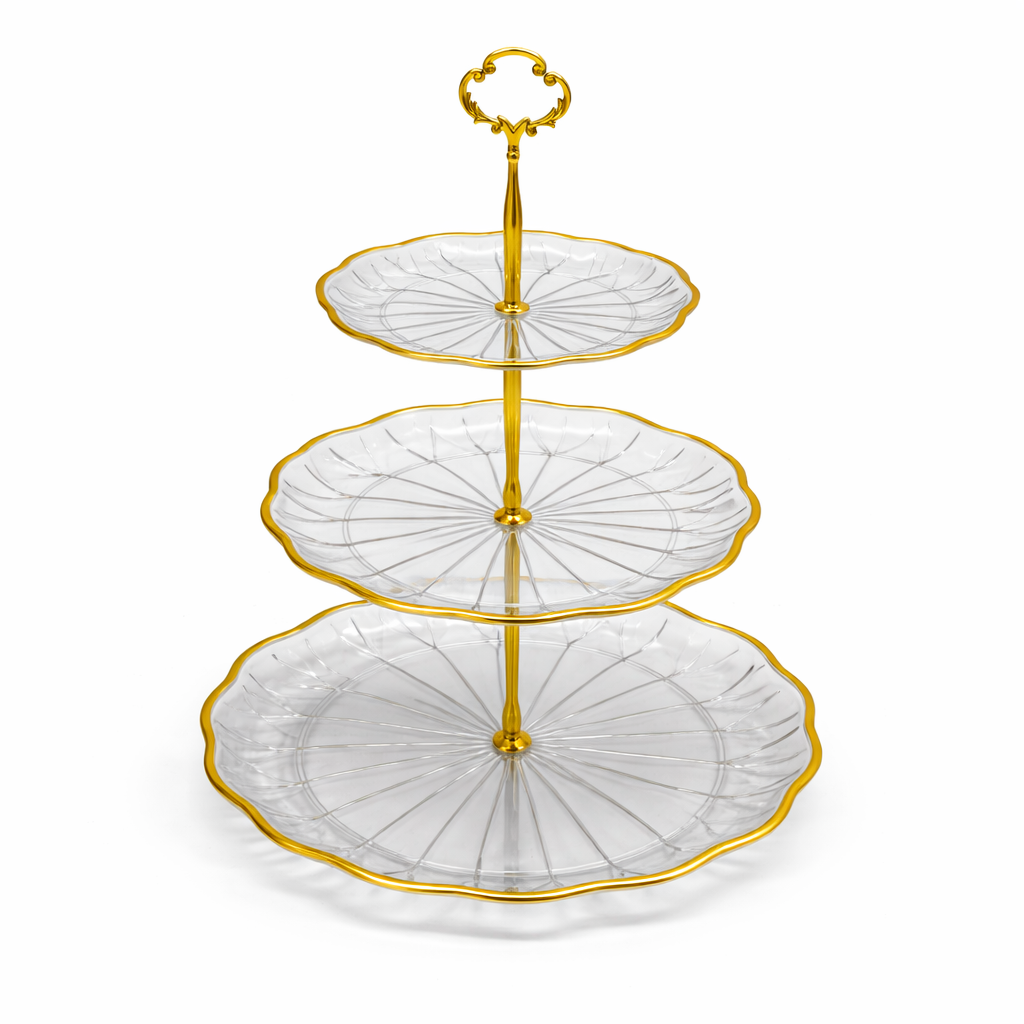Suporte para sobremesas de 3 andares – Vidro com detalhes dourados