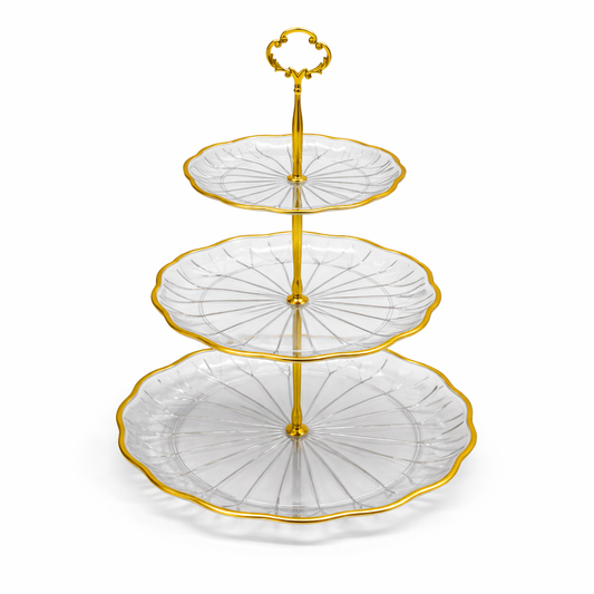 Suporte para sobremesas de 3 andares – Vidro com detalhes dourados