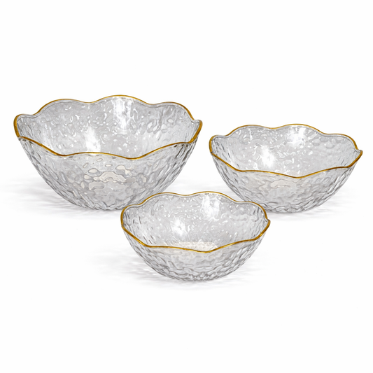 Conjunto de 3 taças de plástico martelado com rebordo dourado – 3 tamanhos