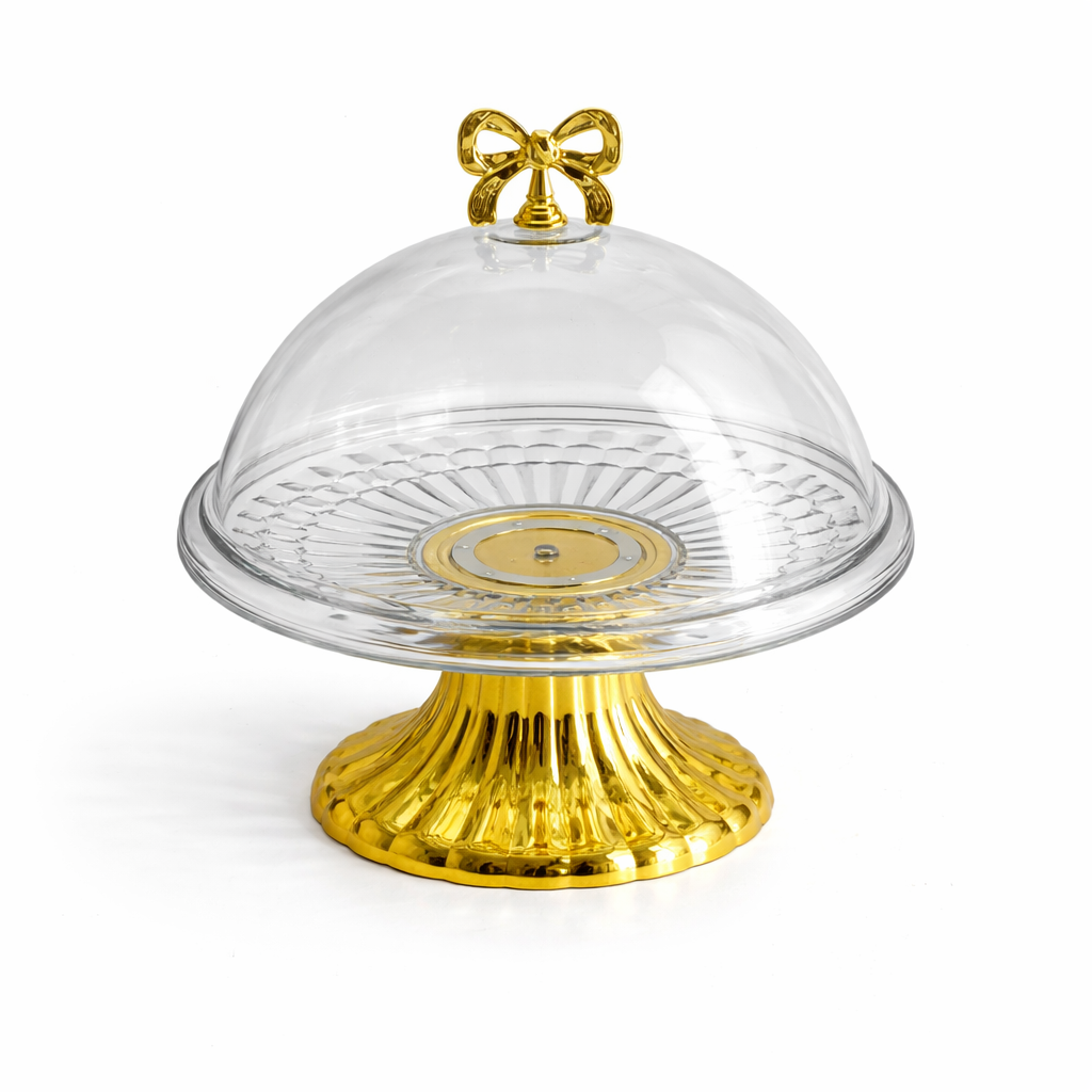 Prato com cúpula em plástico e base dourada com fita – Apresentação Premium