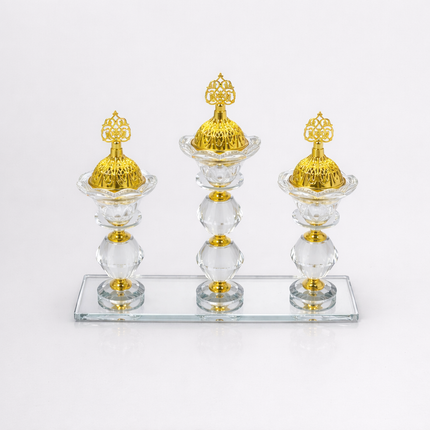Queimador de Incenso Triplo de Cristal com Base de Espelho e Detalhes Dourados – Porta-Incenso Decorativo Elegante