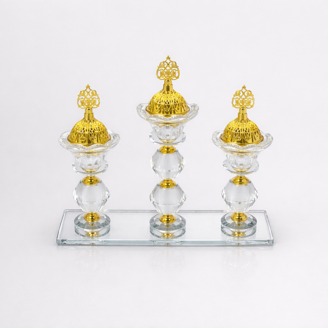 Queimador de Incenso Triplo de Cristal com Base de Espelho e Detalhes Dourados – Porta-Incenso Decorativo Elegante