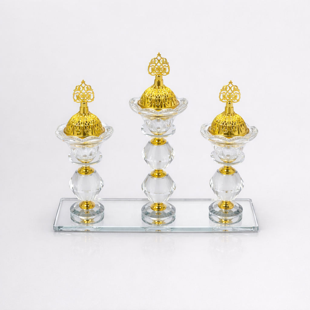 Quemador de Incienso Triple de Cristal con Base de Espejo y Detalles Dorados – Porta Incienso Decorativo Elegante