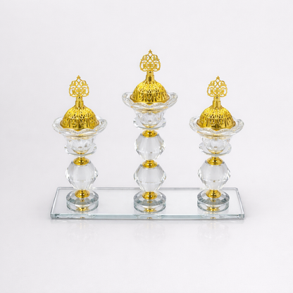 Quemador de Incienso Triple de Cristal con Base de Espejo y Detalles Dorados – Porta Incienso Decorativo Elegante