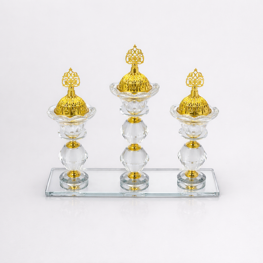 Quemador de Incienso Triple de Cristal con Base de Espejo y Detalles Dorados – Porta Incienso Decorativo Elegante