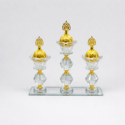 Queimador de Incenso Triplo de Cristal com Base de Espelho e Detalhes Dourados – Porta-Incenso Decorativo Elegante
