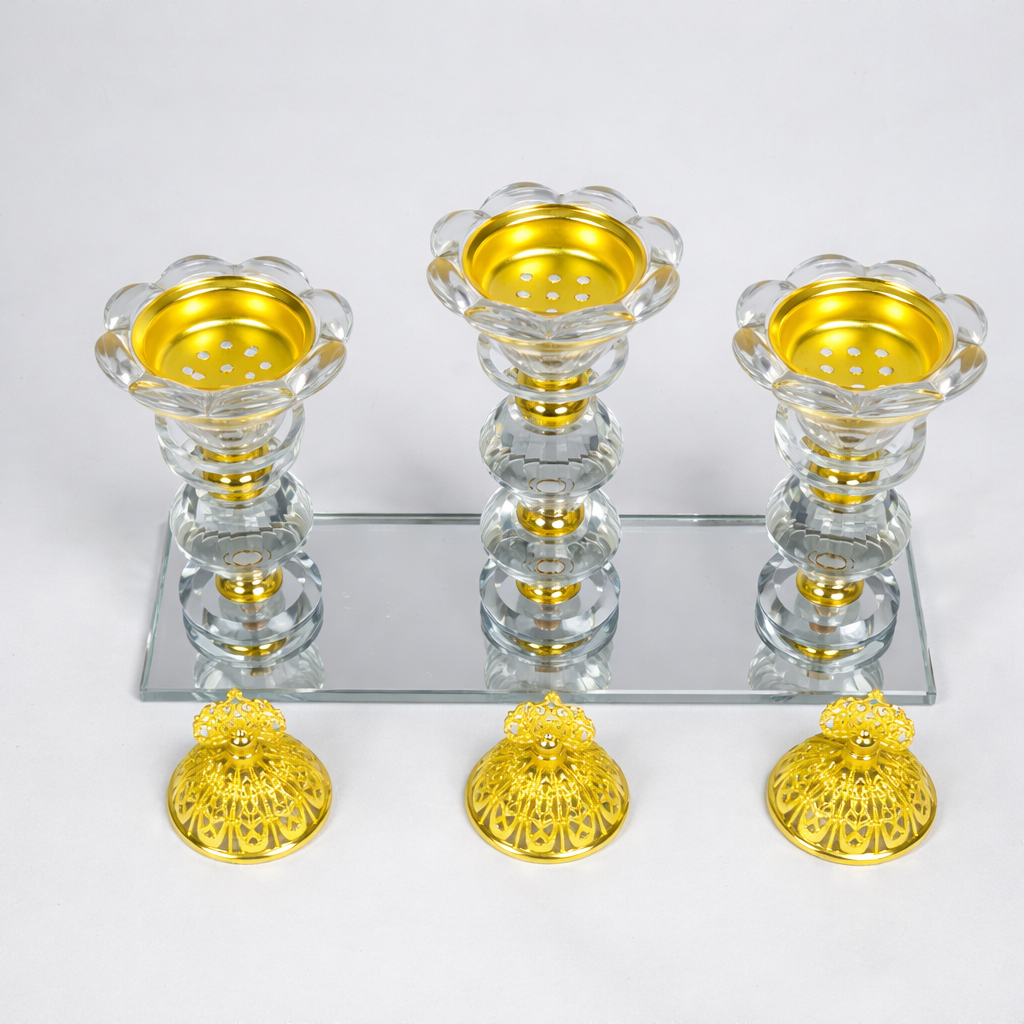 Quemador de Incienso Triple de Cristal con Base de Espejo y Detalles Dorados – Porta Incienso Decorativo Elegante