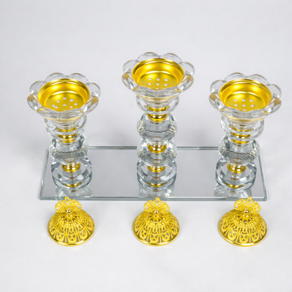 Quemador de Incienso Triple de Cristal con Base de Espejo y Detalles Dorados – Porta Incienso Decorativo Elegante
