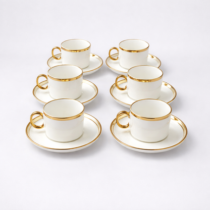 Set de 6 Tazas de Porcelana con Platillos y Detalles Dorados – Juego Elegante para Café o Té