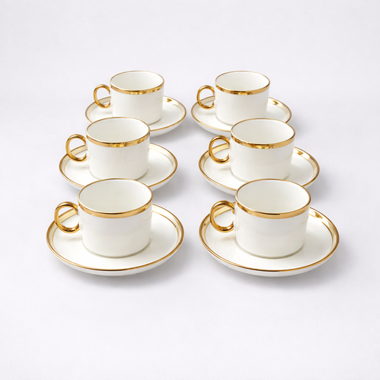 Set de 6 Tazas de Porcelana con Platillos y Detalles Dorados – Juego Elegante para Café o Té