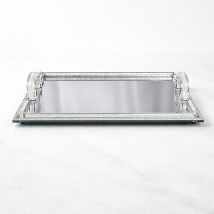Tabuleiro Decorativo de Cristal com Base de Espelho e Puxadores de Cristal – Tabuleiro Elegante para Decoração ou Serviço