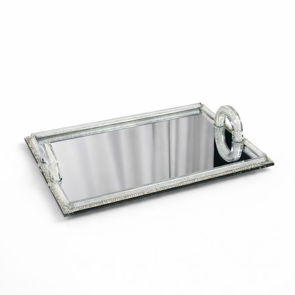 Tabuleiro Decorativo de Cristal com Base de Espelho e Puxadores de Cristal – Tabuleiro Elegante para Decoração ou Serviço
