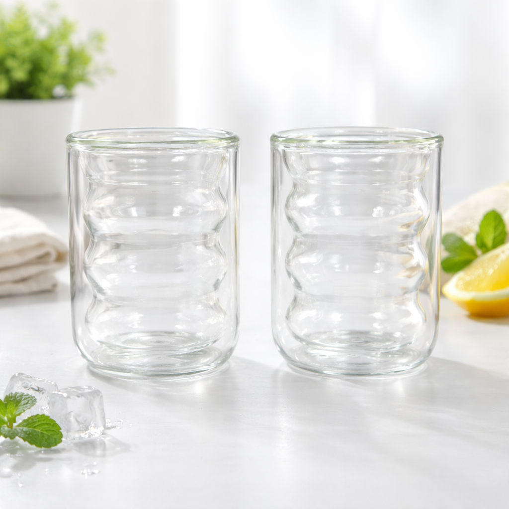 Vasos de Vidrio Doble Pared con Diseño Ondulado – Set de 2 Vasos Modernos