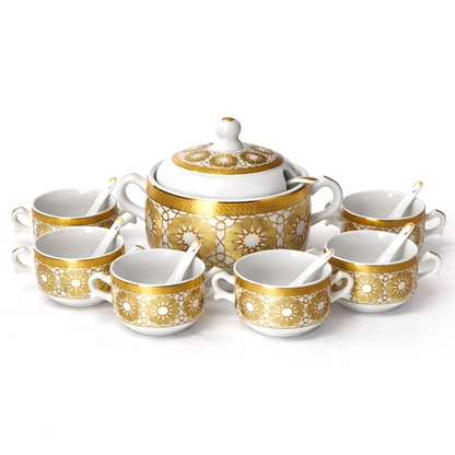 Sopa em porcelana branca com detalhes em dourado e 6 taças com colheres – estilo árabe clássico