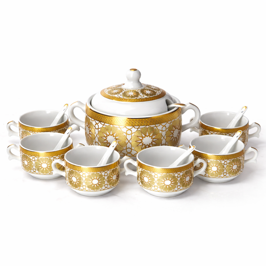 Sopera de Porcelana Blanca con Detalles Dorados y 6 Cuencos con Cucharas -2,7L– Estilo Árabe Clásico
