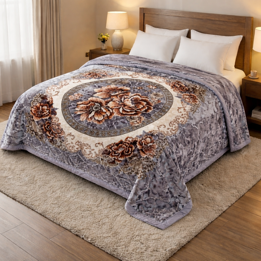 Manta de Felpa Color gris con flores - Extra Suave y Cálida para Invierno (200x230 cm, 4,5 kg)