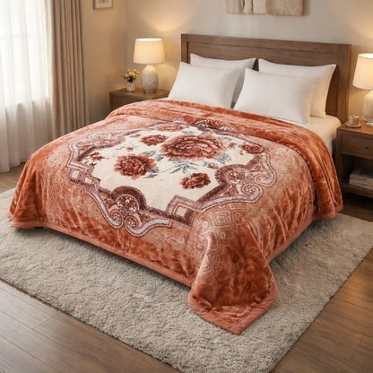Manta de Felpa Color naranja con flores  - Extra Suave y Cálida para Invierno (200x230 cm, 4,5 kg)
