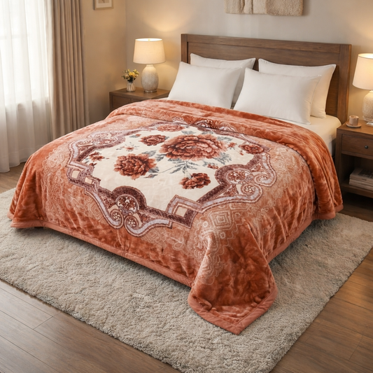 Manta de Felpa Color naranja con flores  - Extra Suave y Cálida para Invierno (200x230 cm, 4,5 kg)