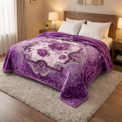 Manta de Felpa Color lila con flores  - Extra Suave y Cálida para Invierno (200x230 cm, 4,5 kg)
