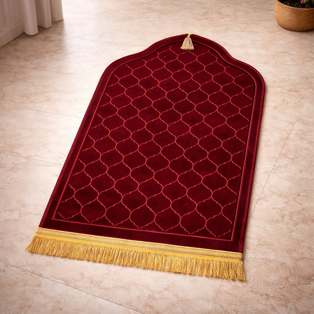 Alfombra de Rezo Sajjada Burdeos con Flecos Dorados