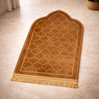 Alfombra de Rezo Sajjada Marrón Dorado con Flecos