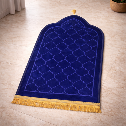 Alfombra de Rezo Sajjada Azul Marino con Flecos Dorados