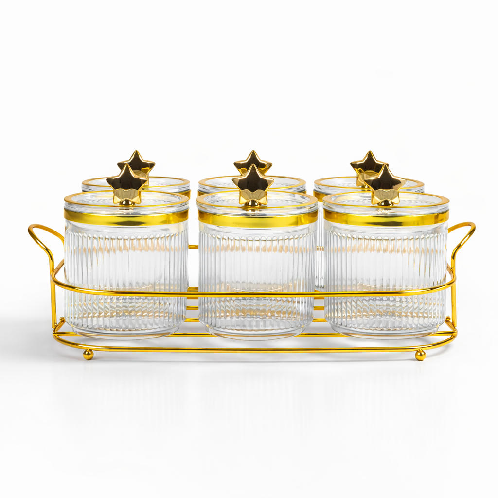 Set de 6 Frascos de Plástico Ámbar con Tapa Dorada y Base Metálica – Organizador Elegante para Cocina