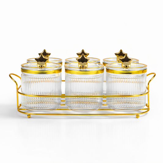 Set de 6 Frascos de Plástico Ámbar con Tapa Dorada y Base Metálica – Organizador Elegante para Cocina